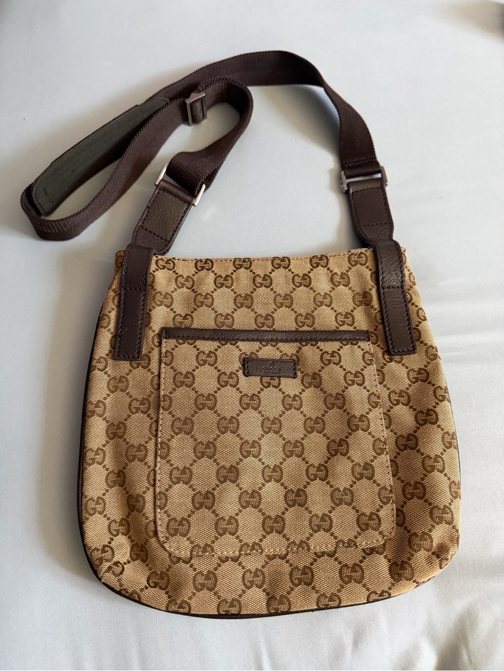 Gucci Beige GG Canvas with Brown Leather Trim Crossbody Bag